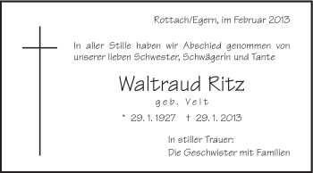 Traueranzeige von Waltraud Ritz von Gmünder Tagespost