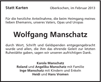 Traueranzeige von Wolfgang Manschatz von Schwäbische Post