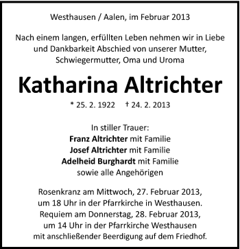 Traueranzeige von Katharina Altrichter von Schwäbische Post
