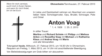 Traueranzeige von Anton Voag von Schwäbische Post