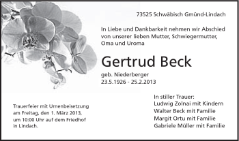 Traueranzeige von Gertrud Beck von Gmünder Tagespost