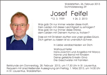 Traueranzeige von Josef Feifel von Gmünder Tagespost
