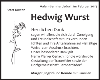 Traueranzeige von Hedwig Wurst von Schwäbische Post