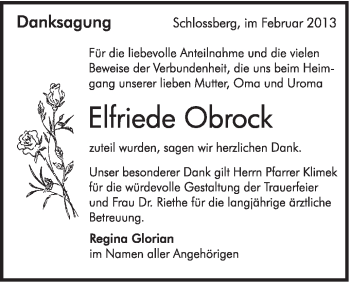 Traueranzeige von Elfriede Obrock von Schwäbische Post