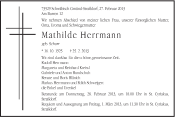 Traueranzeige von Mathilde Herrmann von Gmünder Tagespost