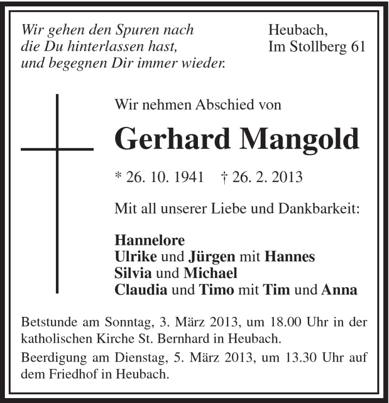  Traueranzeige für Gerhard Mangold vom 28.02.2013 aus Gmünder Tagespost