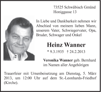 Traueranzeige von Heinz Wanner von Gmünder Tagespost