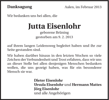 Traueranzeige von Jutta Eisenlohr von Schwäbische Post