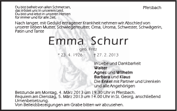 Traueranzeige von Emma Schurr von Gmünder Tagespost