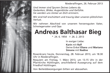 Traueranzeige von Andreas Balthasar Bieg von Schwäbische Post