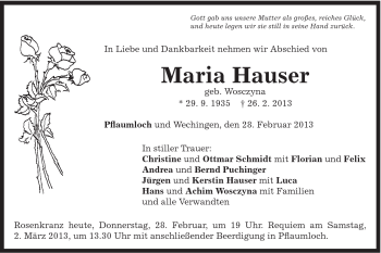 Traueranzeige von Hauser Maria von Schwäbische Post