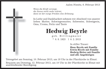 Traueranzeige von Hedwig Beyrle von Schwäbische Post