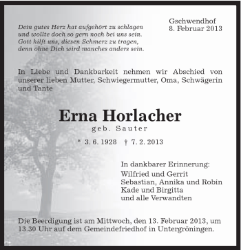 Traueranzeige von Erna Horlacher von 020