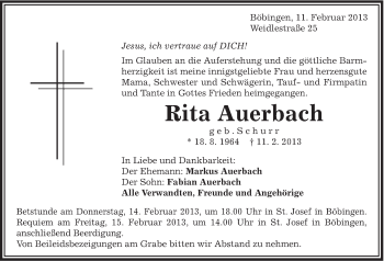 Traueranzeige von Rita Auerbach von Gmünder Tagespost
