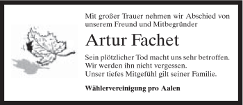 Traueranzeige von Artur Fachet von Schwäbische Post