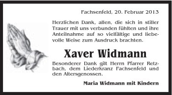 Traueranzeige von Xaver Widmann von Schwäbische Post