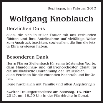 Traueranzeige von Wolfgang Knoblauch von Schwäbische Post