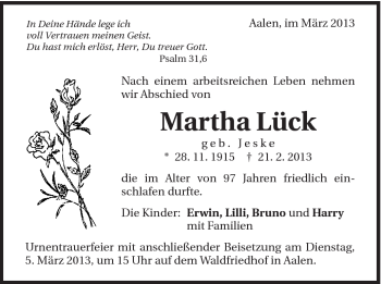 Traueranzeige von Lück Martha von Schwäbische Post