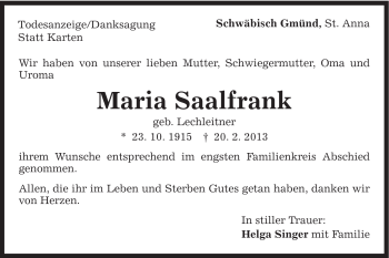 Traueranzeige von Maria Saalfrank von Gmünder Tagespost