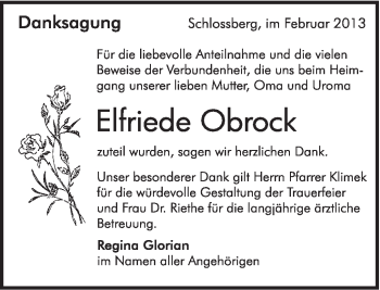 Traueranzeige von Elfriede Obrock von 082