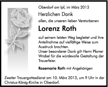 Traueranzeige von Lorenz Roth von Schwäbische Post