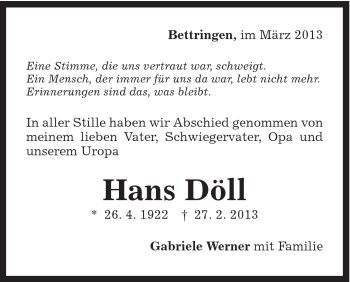 Traueranzeige von Hans Döll von Gmünder Tagespost