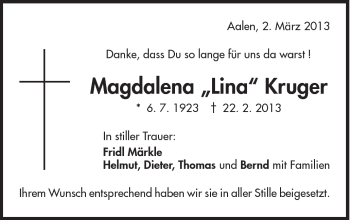 Traueranzeige von Magdalena Kruger von Schwäbische Post