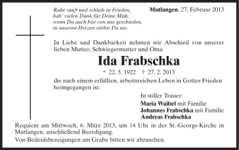 Traueranzeige von Ida Frabschka von Gmünder Tagespost