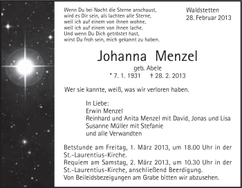 Traueranzeige von Johanna Menzel von Gmünder Tagespost