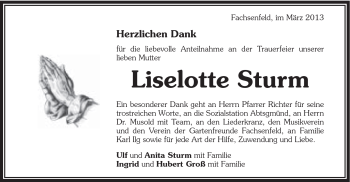 Traueranzeige von Liselotte Sturm von Schwäbische Post