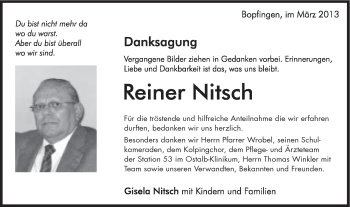Traueranzeige von Reiner Nitsch von Schwäbische Post