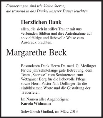 Traueranzeige von Margarethe Beck von Gmünder Tagespost
