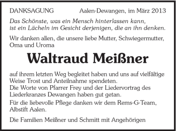 Traueranzeige von Waltraud Meißner von Schwäbische Post