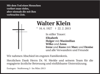 Traueranzeige von Walter Klein von Schwäbische Post