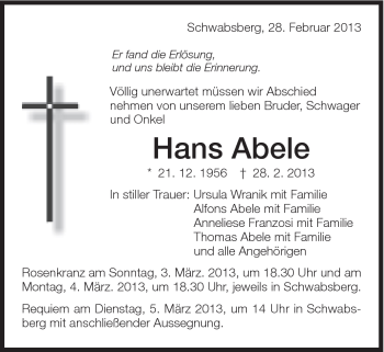Traueranzeige von Hans Abele von Schwäbische Post