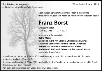 Traueranzeige von Franz Borst von Schwäbische Post