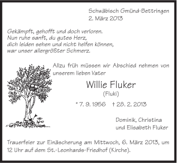 Traueranzeige von Willie Fluker von Gmünder Tagespost