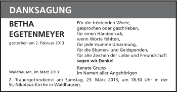 Traueranzeige von Betha Egetenmeyer von Schwäbische Post