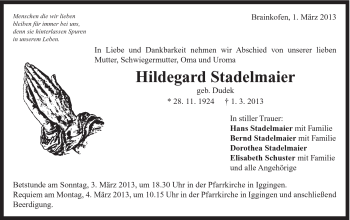 Traueranzeige von Hildegard Stadelmaier von Gmünder Tagespost