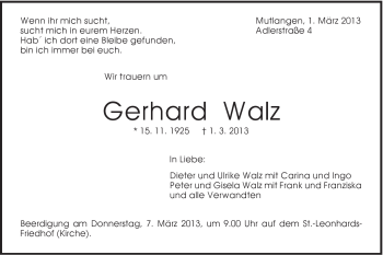 Traueranzeige von Gerhard Walz von Gmünder Tagespost
