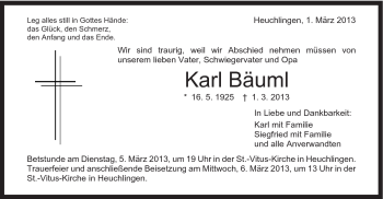 Traueranzeige von Karl Bäuml von Gmünder Tagespost