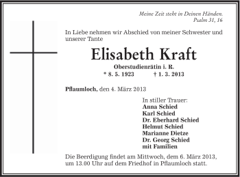 Traueranzeige von Elisabeth Kraft von Schwäbische Post
