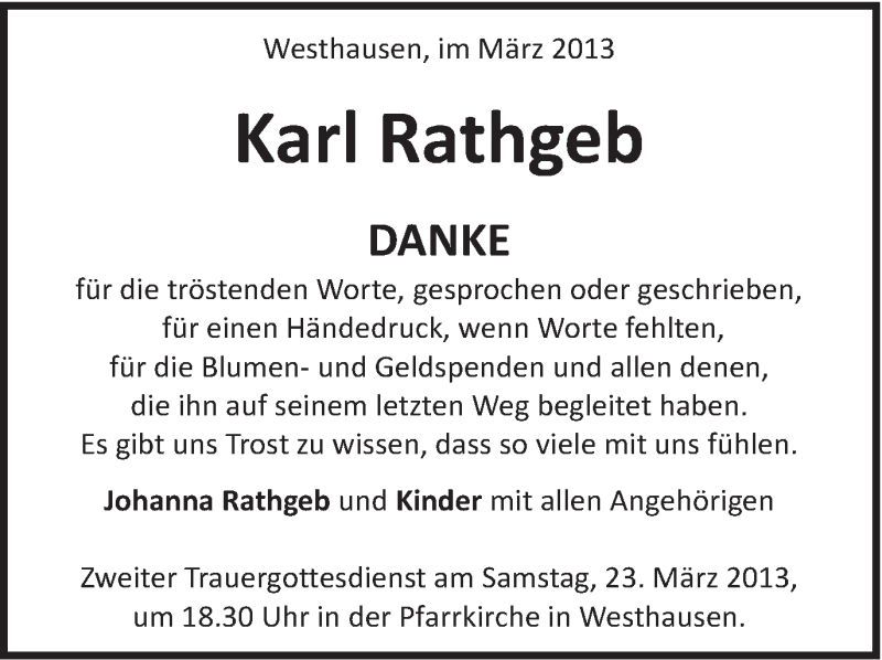  Traueranzeige für Karl Rathgeb vom 19.03.2013 aus Schwäbische Post