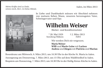 Traueranzeige von Wilhelm Weiser von Schwäbische Post