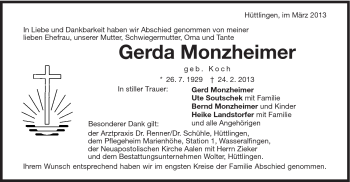 Traueranzeige von Gerda Monzheimer von Schwäbische Post