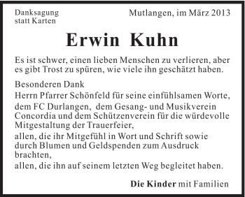 Traueranzeige von Erwin Kuhn von Gmünder Tagespost