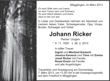 Traueranzeige von Johann Ricker von 020
