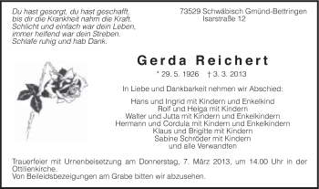 Traueranzeige von Gerda Reichert von Gmünder Tagespost