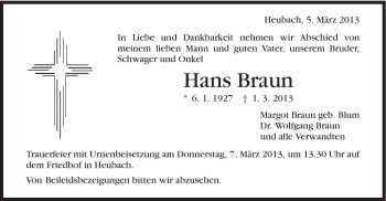 Traueranzeige von Hans Braun von Gmünder Tagespost
