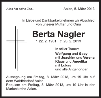 Traueranzeige von Berta Nagler von Schwäbische Post